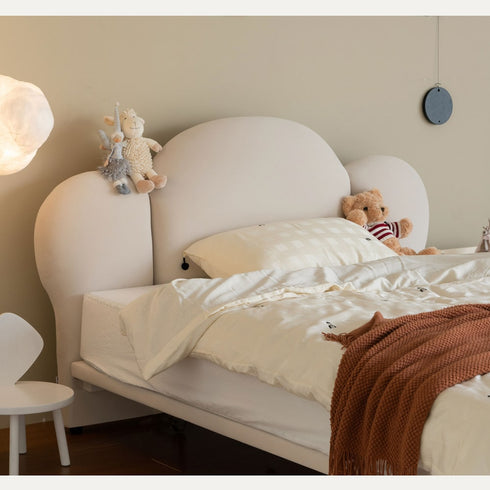 Marlee Shaped Headboard White Cotton Linen Blend Fabric Bed Frame Queen Size